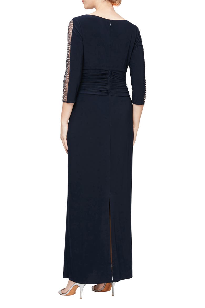 Ruched Waist Embellished Sleeve Gown, Alternate, color, NAVY