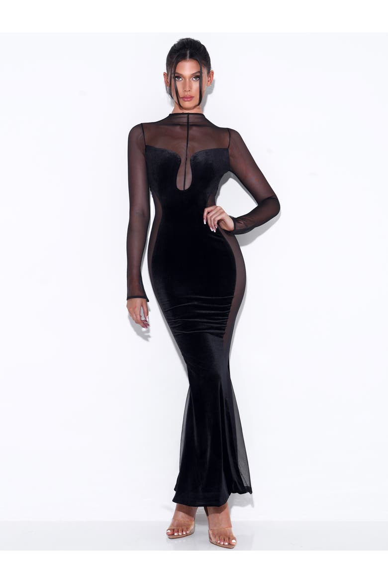 Paislee Velvet Mesh Long Sleeve Gown, Alternate, color, Black