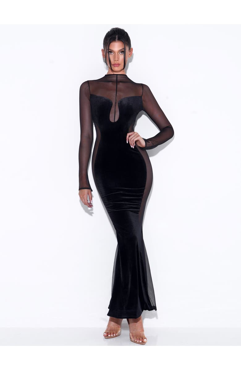 Miss Circle Paislee Velvet Mesh Long Sleeve Gown, Alternate, color, Black