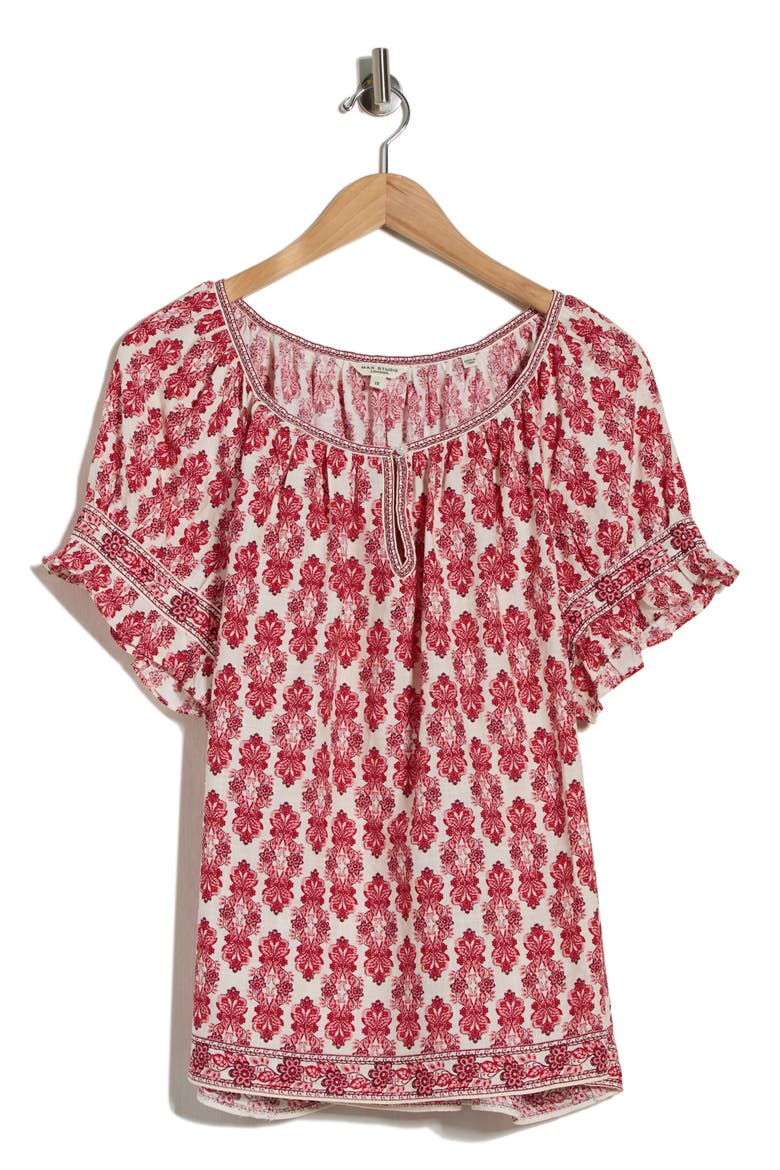 Keyhole Short Sleeve Top, Alternate, color, RED/ CREAM DAMASK