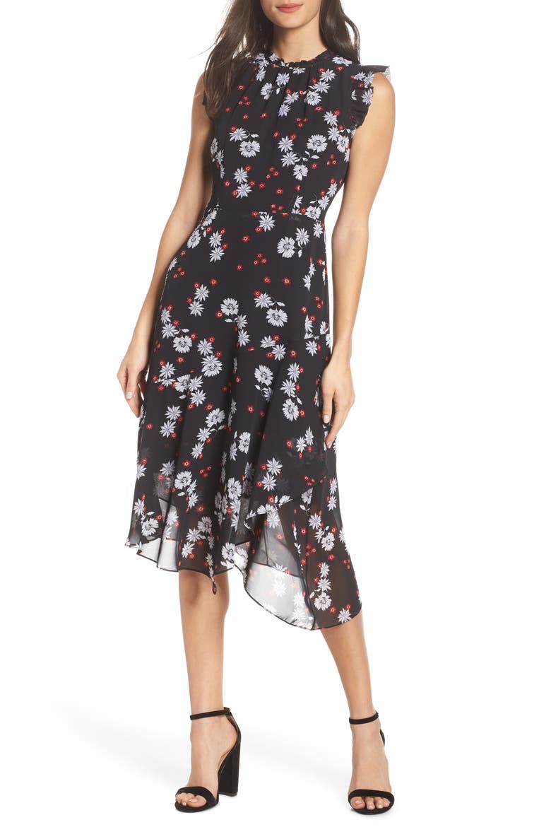 Flutter Sleeve Asymmetrical Hem Dress, Main, color, WHITE/ BLACK