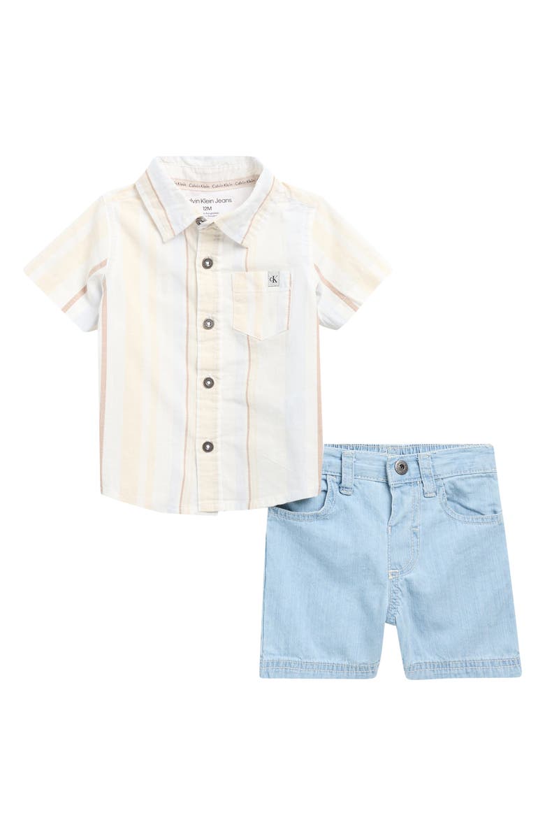 Calvin Klein Stripe Short Sleeve Button-Up Shirt & Shorts Set, Main, color, White/ Blue Multi