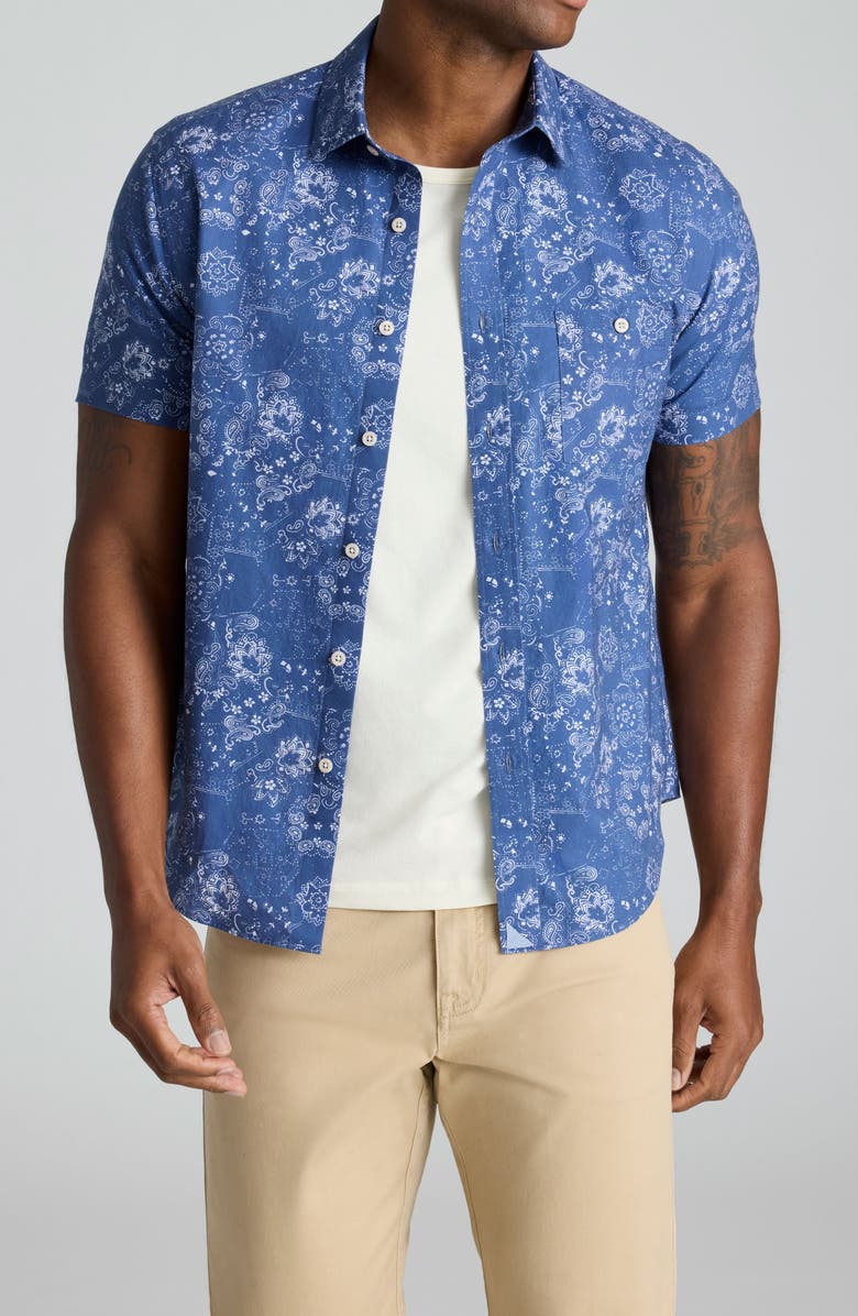 UNTUCKit Monroe Regular Fit Paisley Summerweight Short Sleeve Cotton & Linen Button-Up Shirt, Main, color, Navy White