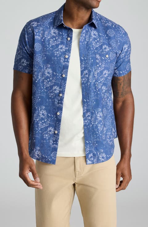 Monroe Regular Fit Paisley Summerweight Short Sleeve Cotton & Linen Button-Up Shirt