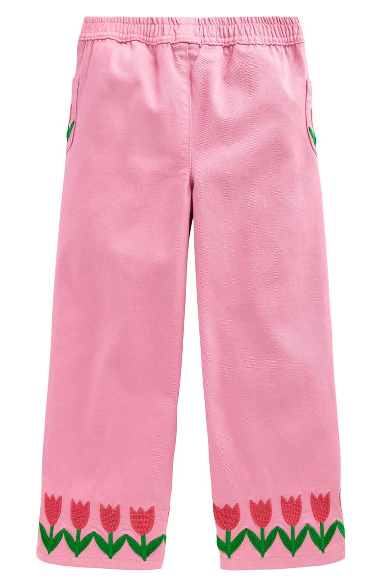 Mini Boden Kids' Tulip Embroidered Wide Leg Pull-On Pants, Alternate, color, Pink Tulips