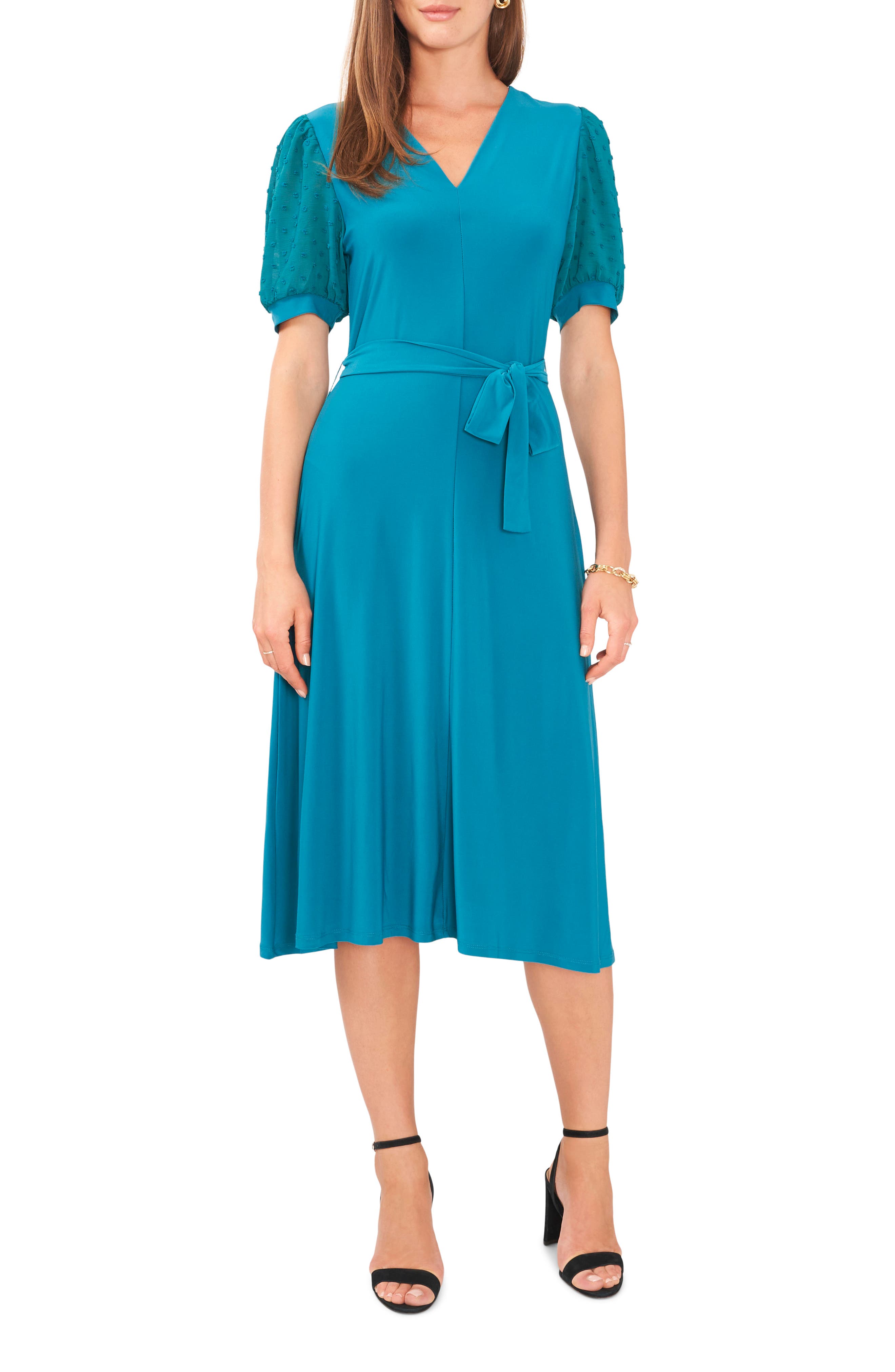Clip Dot Chiffon Sleeve Belted Dress