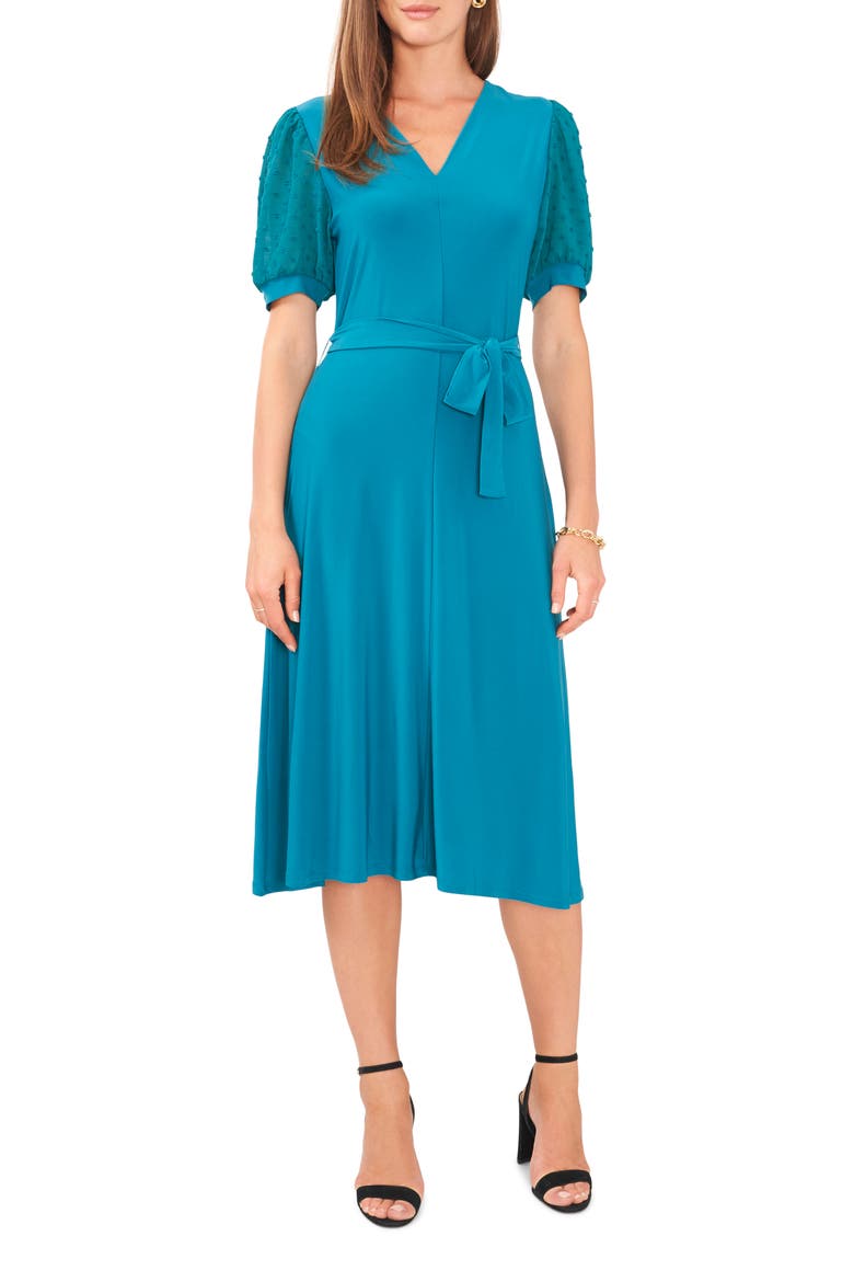 Clip Dot Puff Sleeve Tie Front Midi Dress, Main, color, BOHO CACTUS