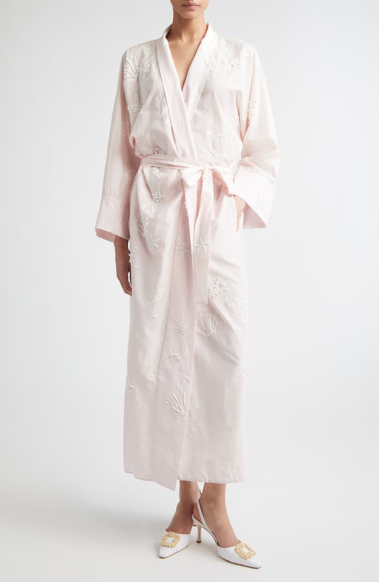 BERNADETTE Peignoir Embroidered Long Sleeve Cotton & Silk Wrap Dress, Main, color, Ivory Shell Broderie