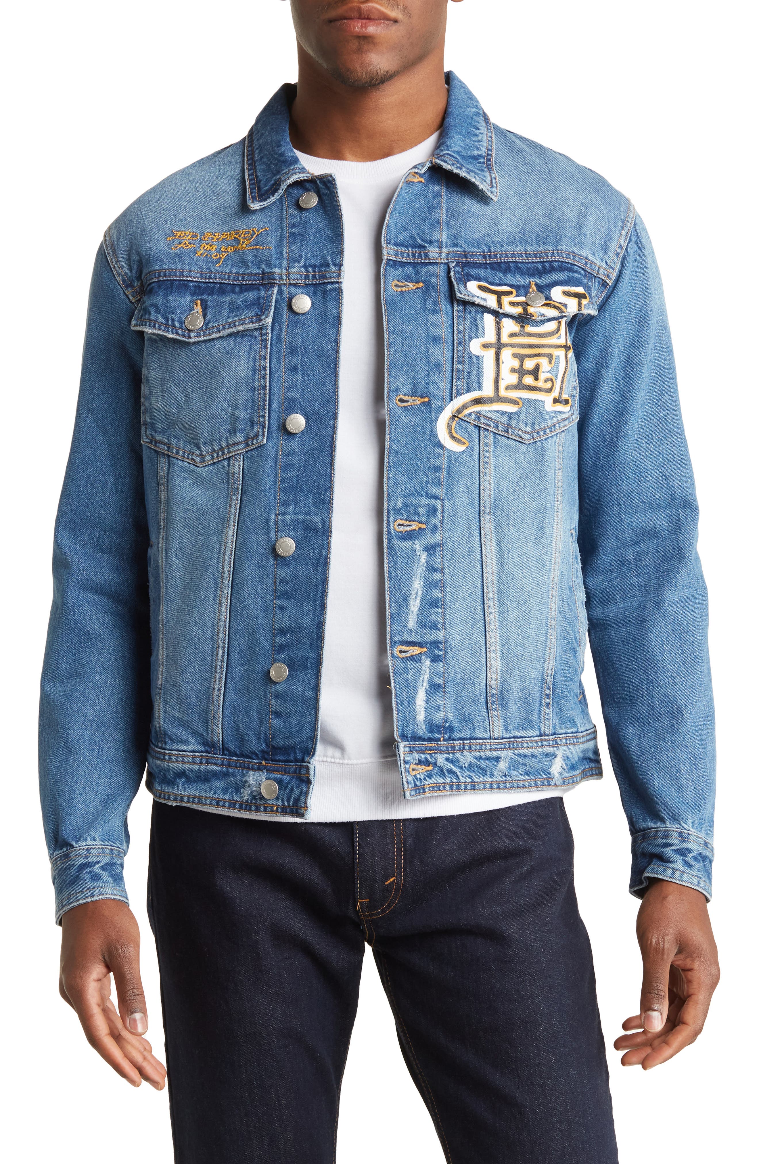 Ed Hardy Embroidered Tiger NYC Trucker Denim Jacket (Men) | Nordstromrack