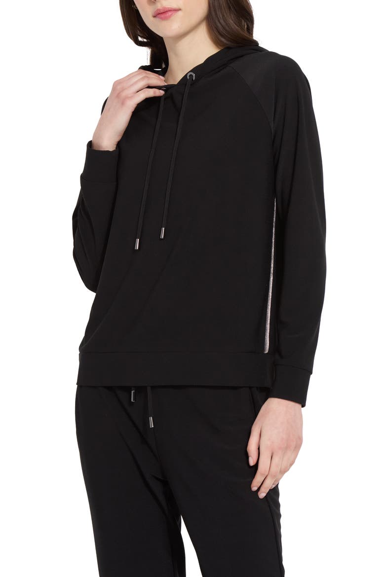 Julia Beaded Trim Stretch Crepe Hoodie, Main, color, BLACK