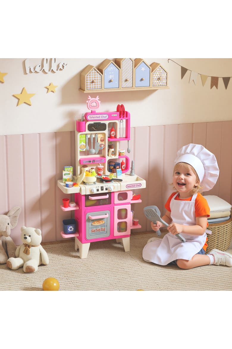 Kids Play Kitchen Toy Set, 104PCS Pretend Role Play Kitchen Playset for Toddlers, Realistic Lights & Sounds, Ages 3-6, Pink, Alternate, color, Pink