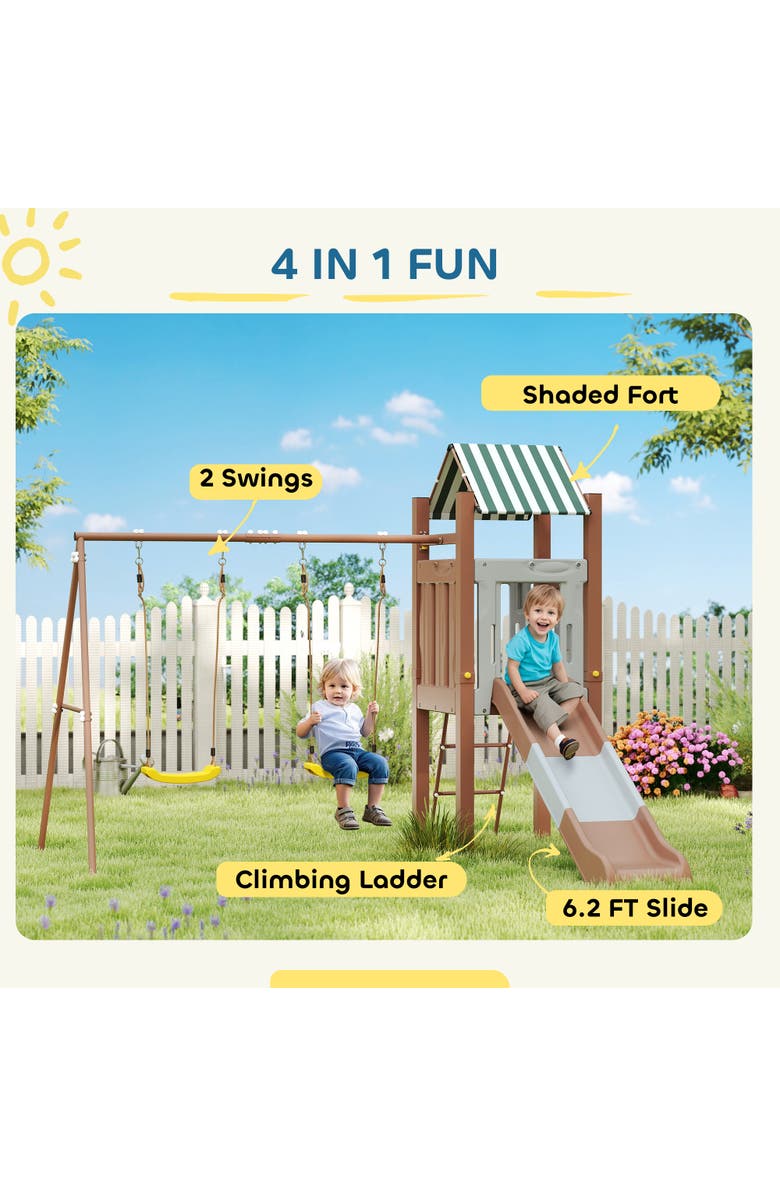 Qaba Kids Swing Set with 6 FT Slide, 2 Adjustable Swings, Fort with Canopy, Backyard Use, Alternate, color, 