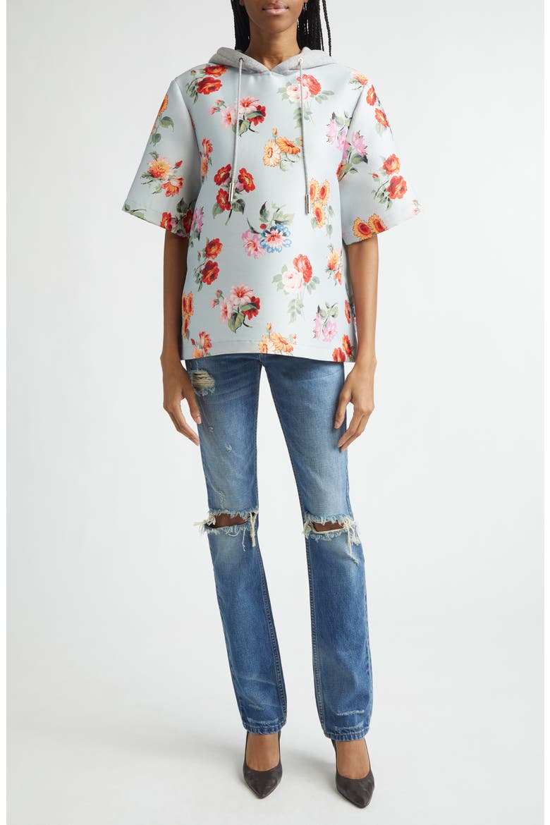 The Aine Floral Short Sleeve Virgin Wool & Silk Faille Hoodie, Alternate, color, LIGHT BLUE FLORAL