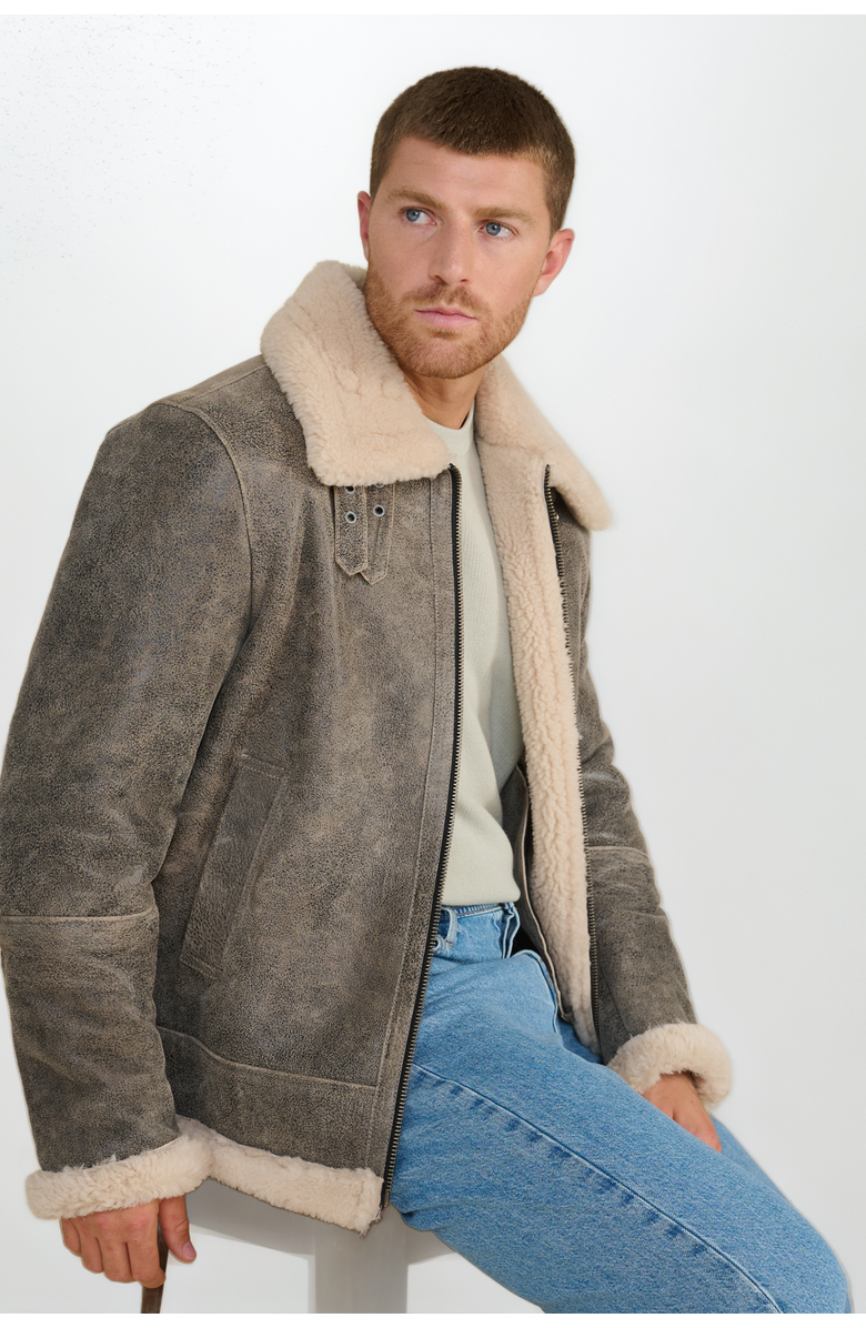 Furniq UK Rupert Shearling Aviator Jacket, Alternate, color, Grey