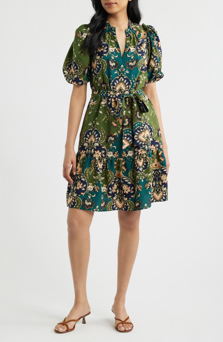 Vince Camuto Print Tie Waist Puff Sleeve Dress, Main, color, Green Multi
