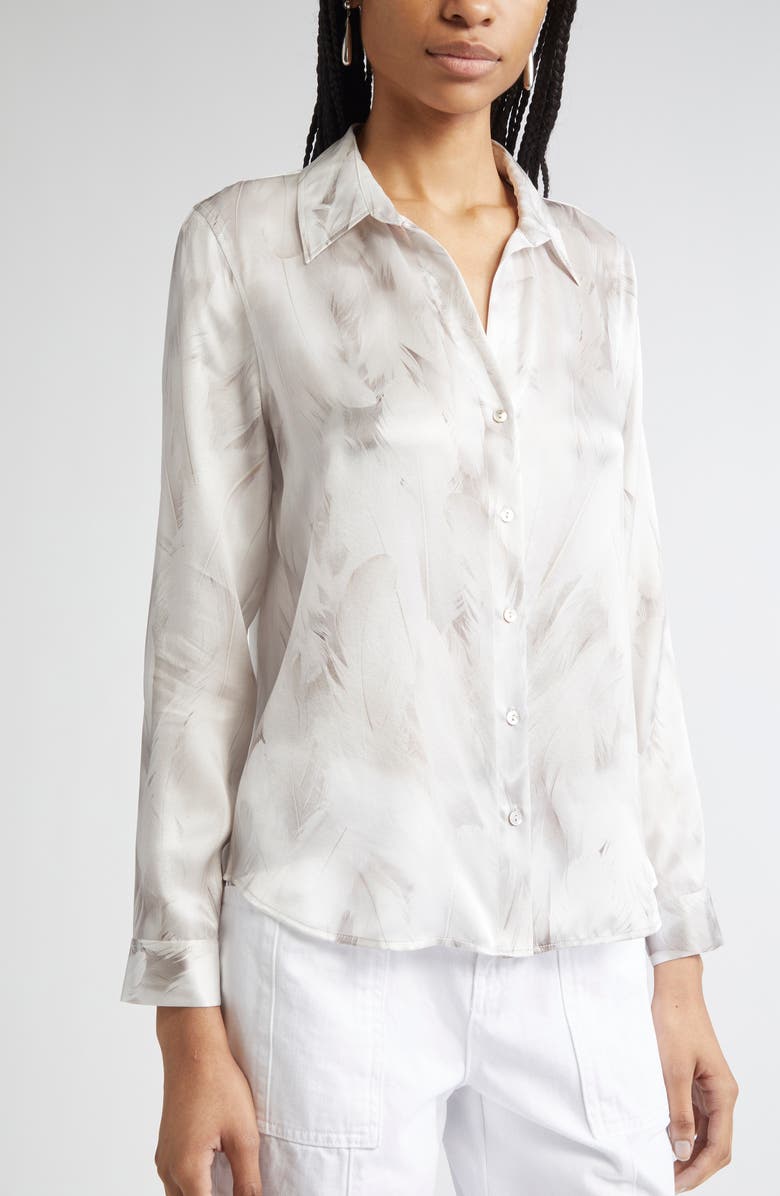 L'AGENCE Tyler Feather Print Silk Button-Up Shirt, Alternate, color,