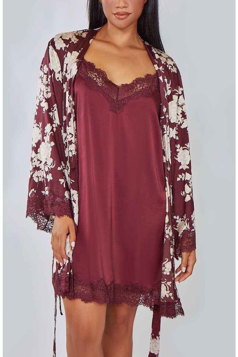 Floral Print Lace-Trimmed Satin Robe (Plus Size), Alternate, color, Burgundy