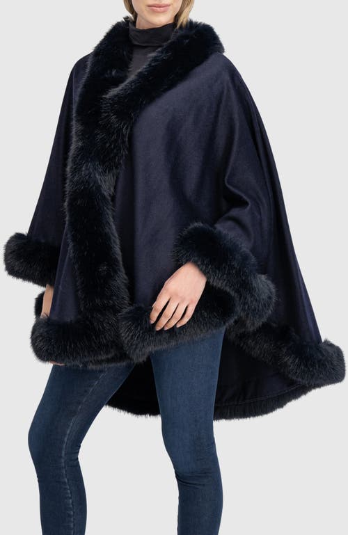 Lyla Grant Cashmere & Wool Blend Cape With Fur-free Fox (faux Fur) Trim In Blue
