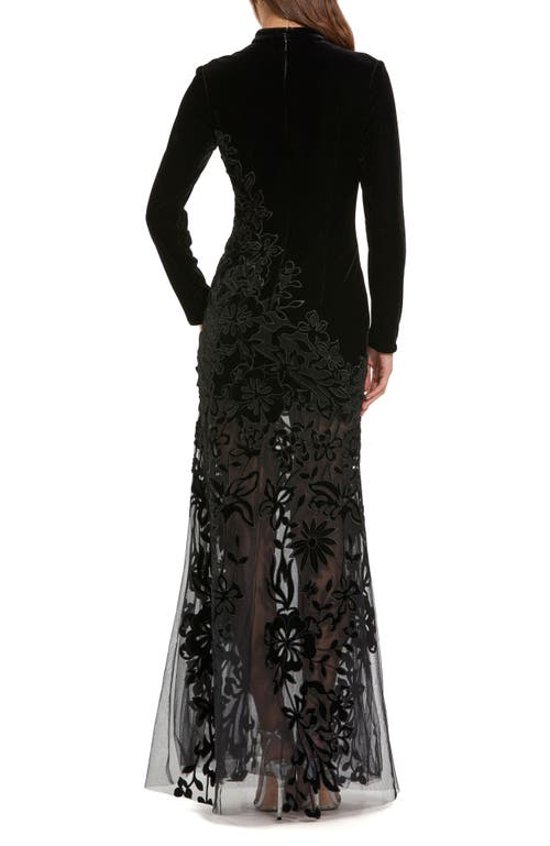 Mac Duggal Long Sleeve Sheer Floral Embroidered Velvet Gown In Black
