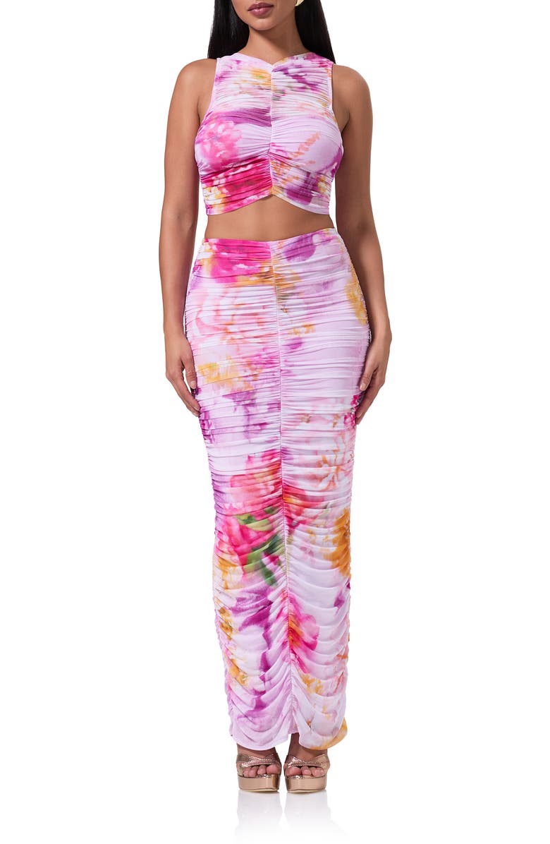 AFRM Josie Abstract Floral Ruched Mesh Maxi Skirt, Alternate, color, Floral Portrait