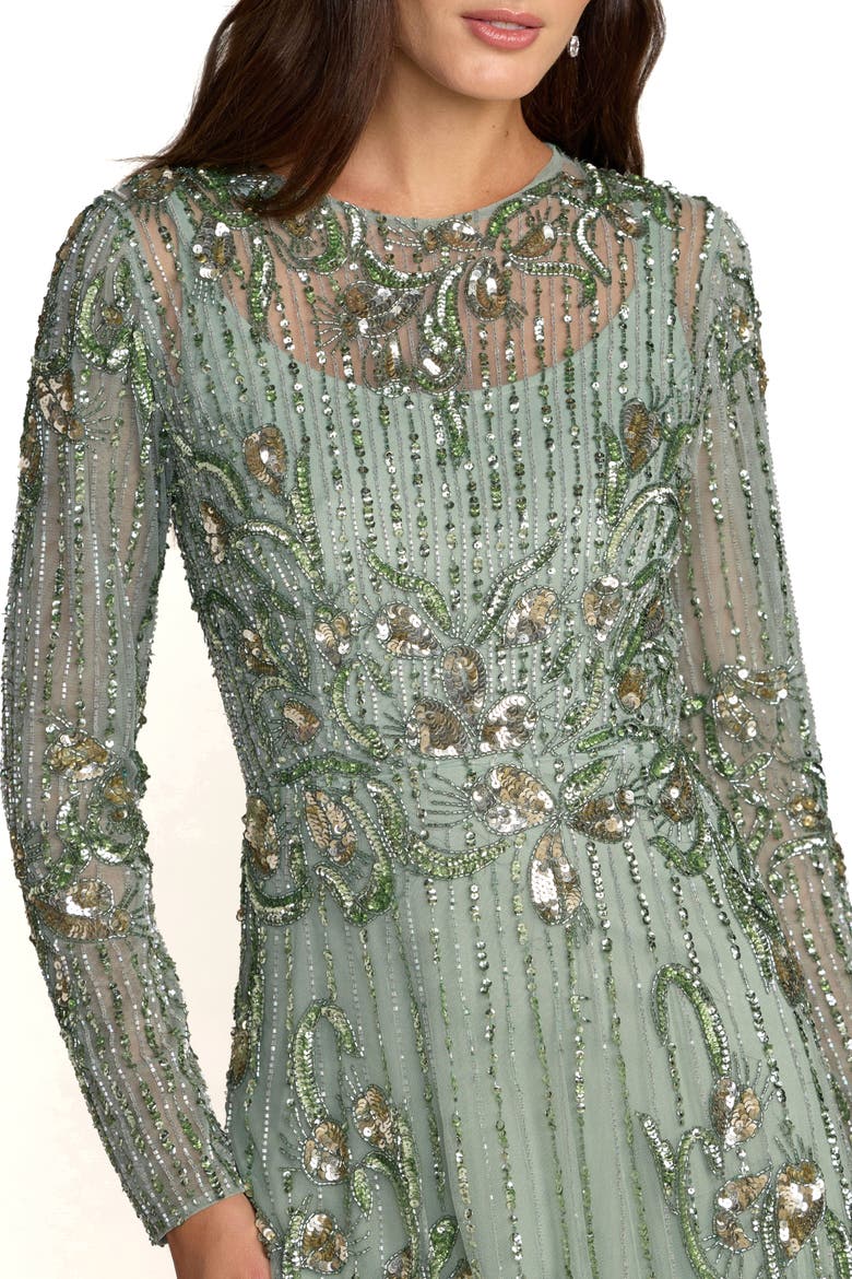 Embellished Tulle Long Sleeve A Line Gown, Alternate, color, Sage