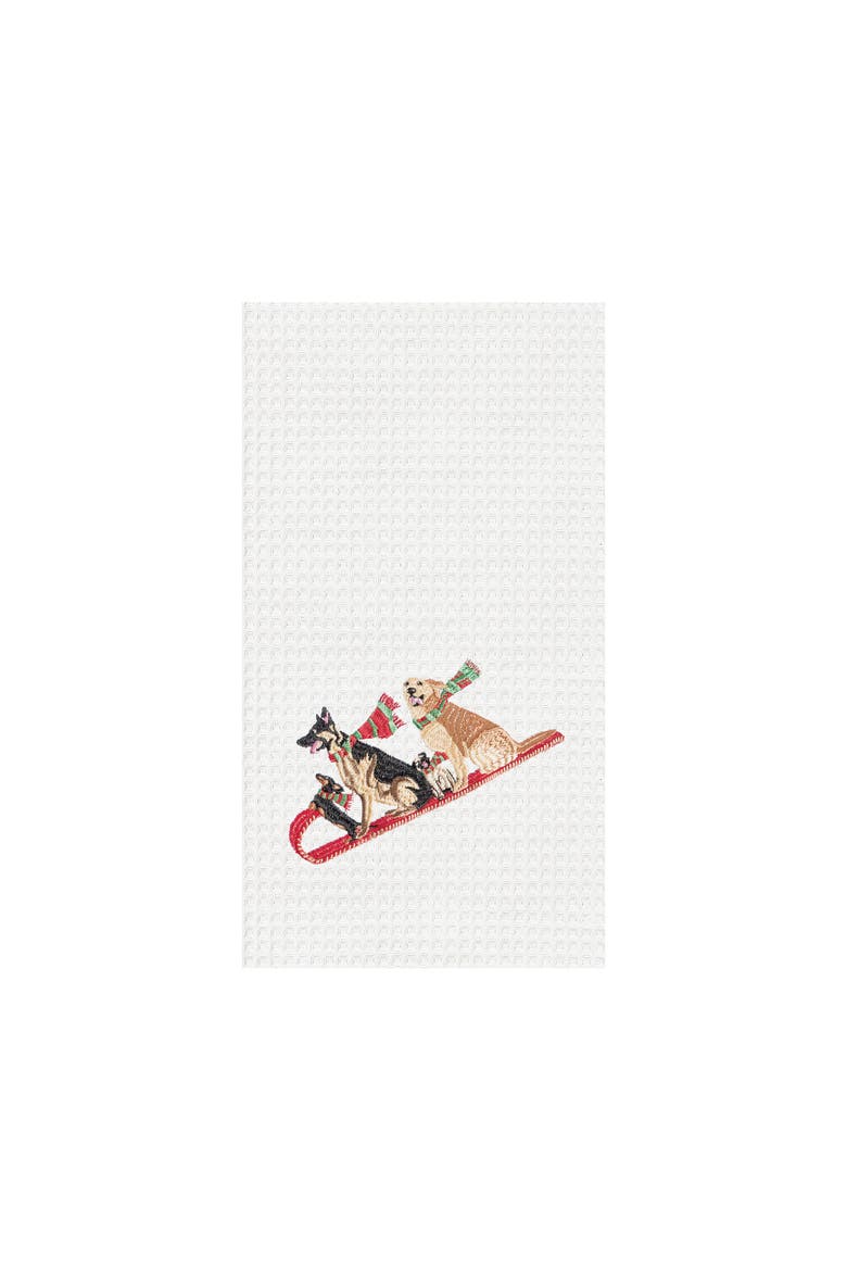 Dogs Tobogganing Embroidered Waffle Weave Kitchen Towel, Main, color, White