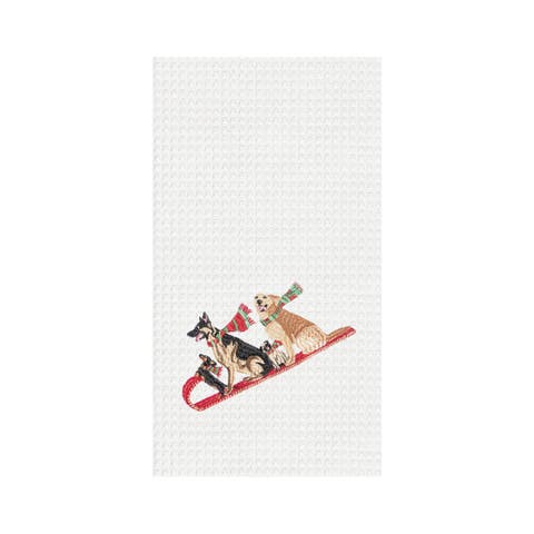 Dogs Tobogganing Embroidered Waffle Weave Kitchen Towel