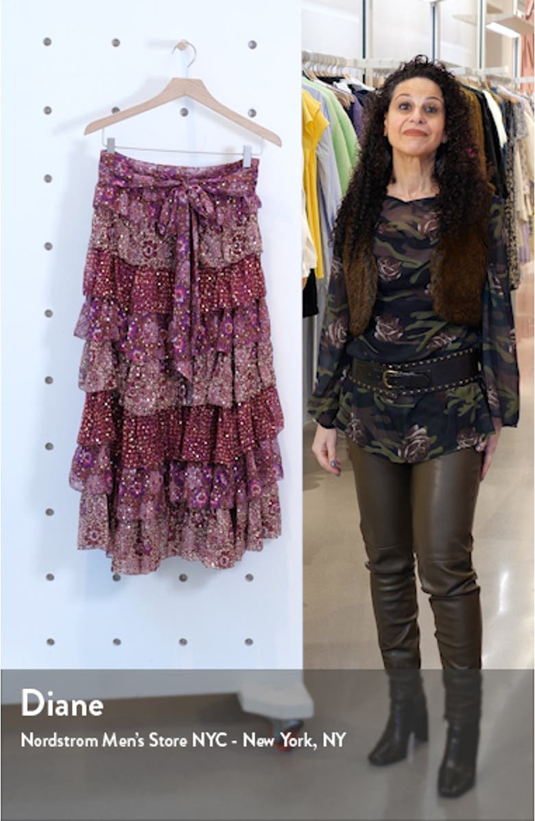 Fayanna Metallic Tiered Silk Skirt, sales video thumbnail