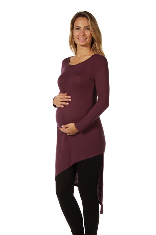 24seven Comfort Apparel Long Sleeve Knee Length Asymmetrical Maternity Tunic Top In Burgundy