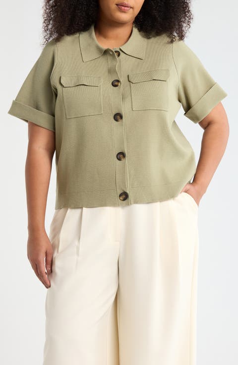 Short Sleeve Button Front Cardigan (Plus)