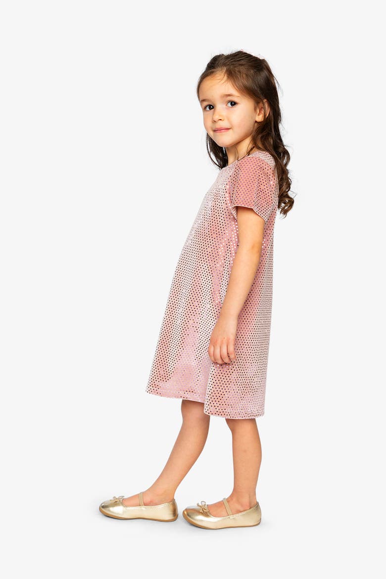 Short Sleeve Sparkle Velour A-Line Dress, Alternate, color, Pink