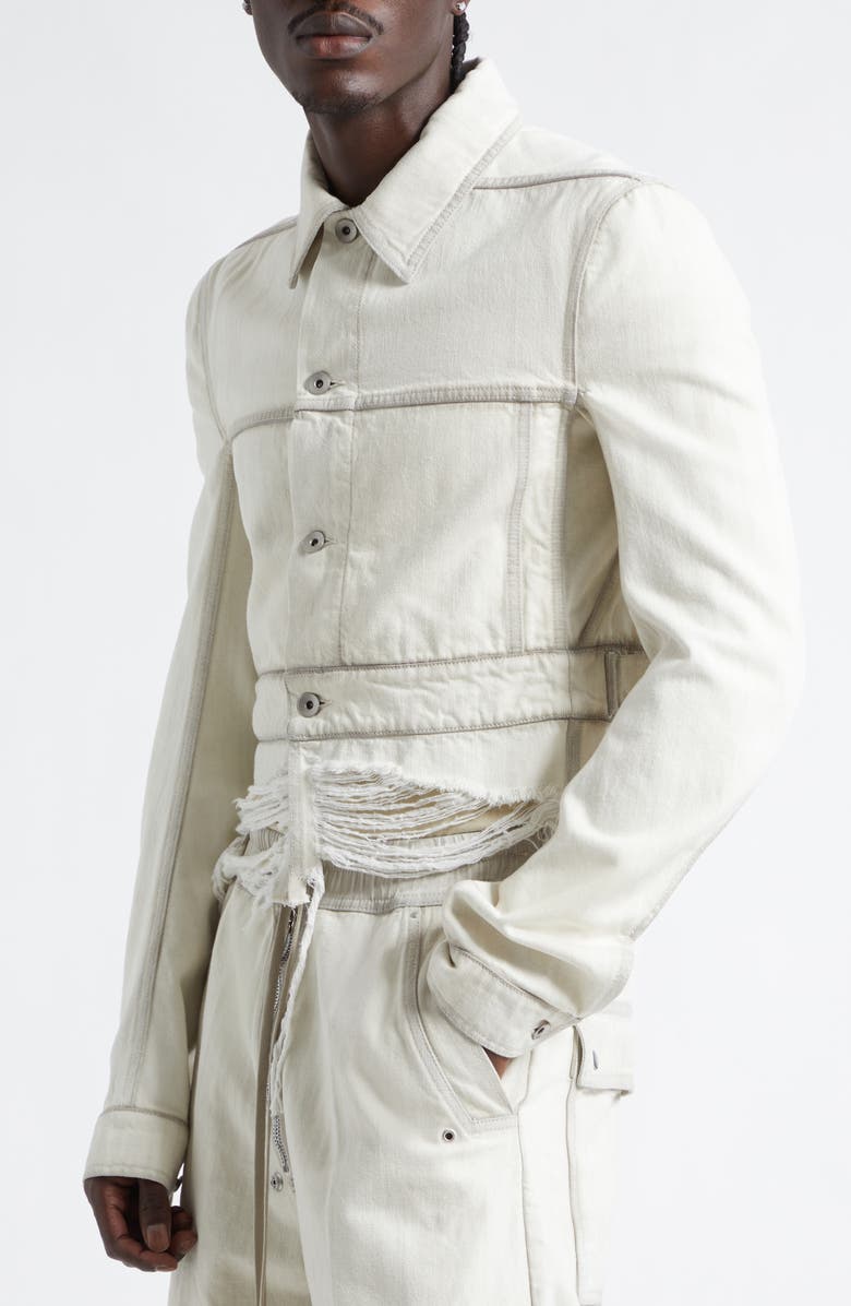 Rick Owens Shredded Crop Denim Work Jacket, Alternate, color, Milk Wash