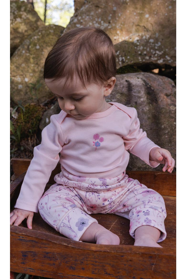 Organic Cotton Flowers Foldover Waist Ribbed Evolutive Pants, Alternate, color, Pink Printed Flowers