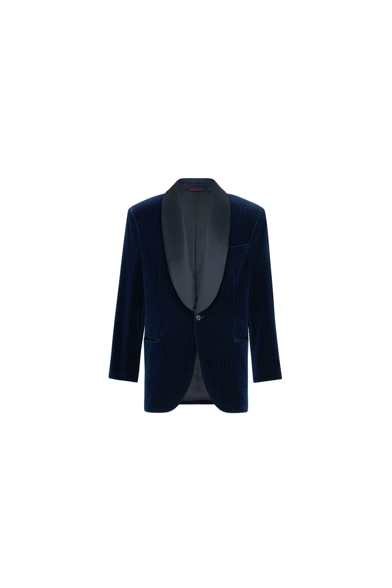 Cotton chalk stripe velvet tuxedo jacket with shawl lapels, Alternate, color, Navy Blue