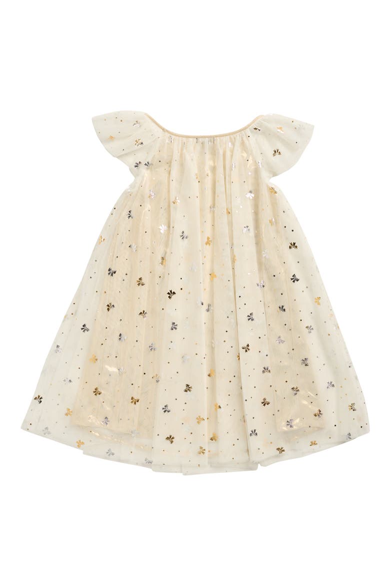 Kids' Foil Flutter Sleeve Dress, Alternate, color, IVORY/ GOLD