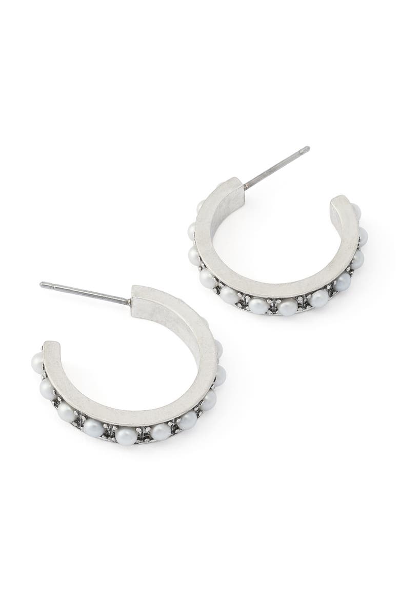 Imitation Pearl Hoop Earrings, Alternate, color, PEARL/ WARM SILVER