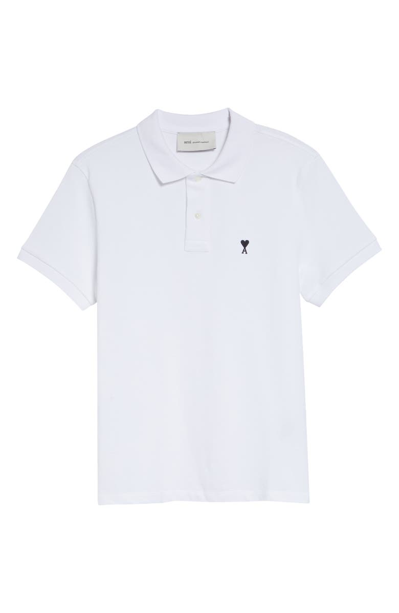 AMI PARIS Ami de Coeur Embroidered Cotton Piqué Polo, Main, color, Blanc