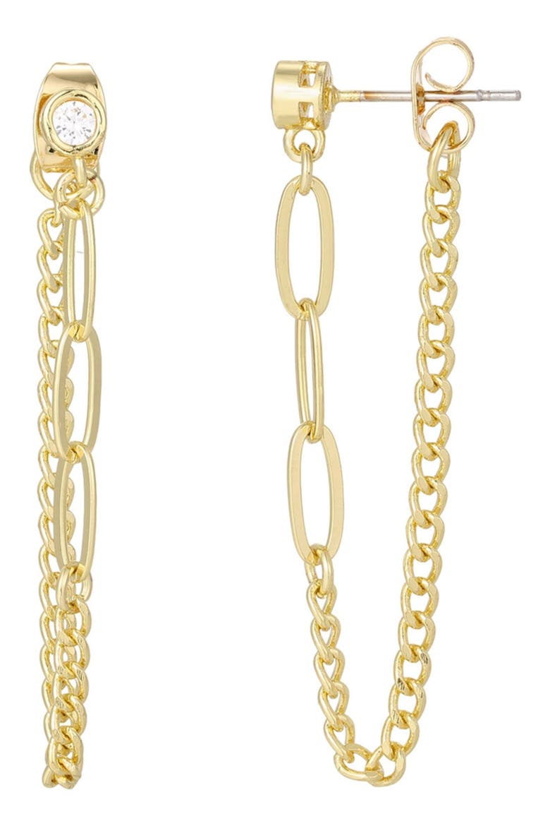 Cubic Zirconia Paper Clip Drop Front/Back Earrings, Main, color, GOLD