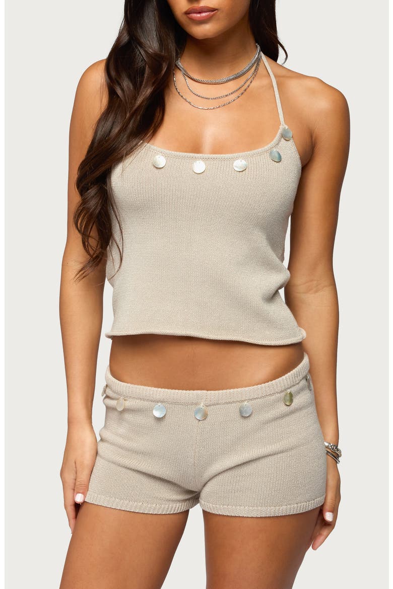 Nicca Iridescent Metallic Knit Halter Top, Main, color, BEIGE
