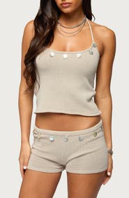 EDIKTED Nicca Iridescent Metallic Knit Halter Top