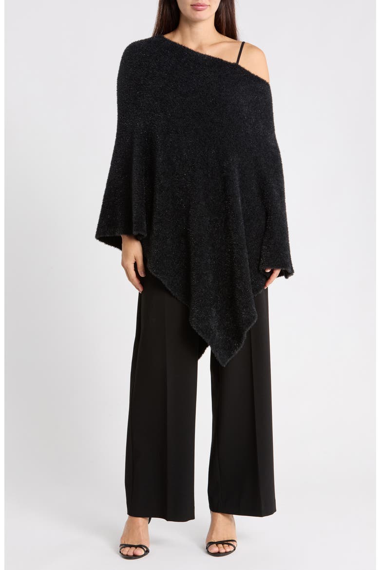 Livia Asymmetric Metallic Eyelash Knit Poncho, Main, color, BLACK
