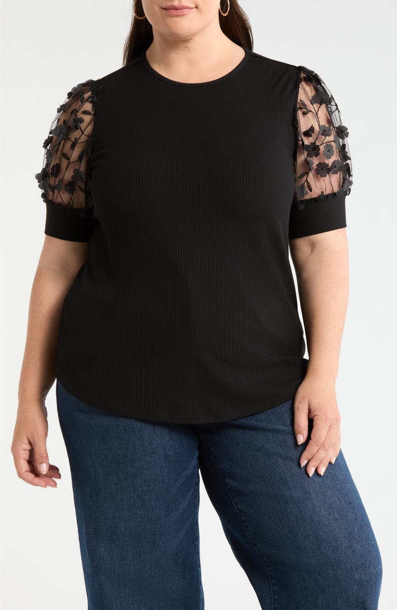 SUGARLIPS Sheer Puff Sleeve Top, Main, color, Black