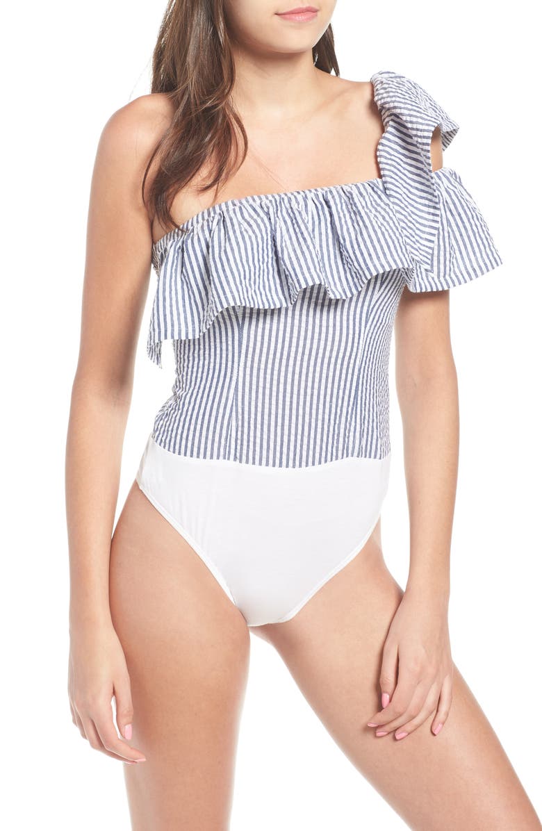 KENDALL + KYLIE One-Shoulder Seersucker Bodysuit, Alternate, color,