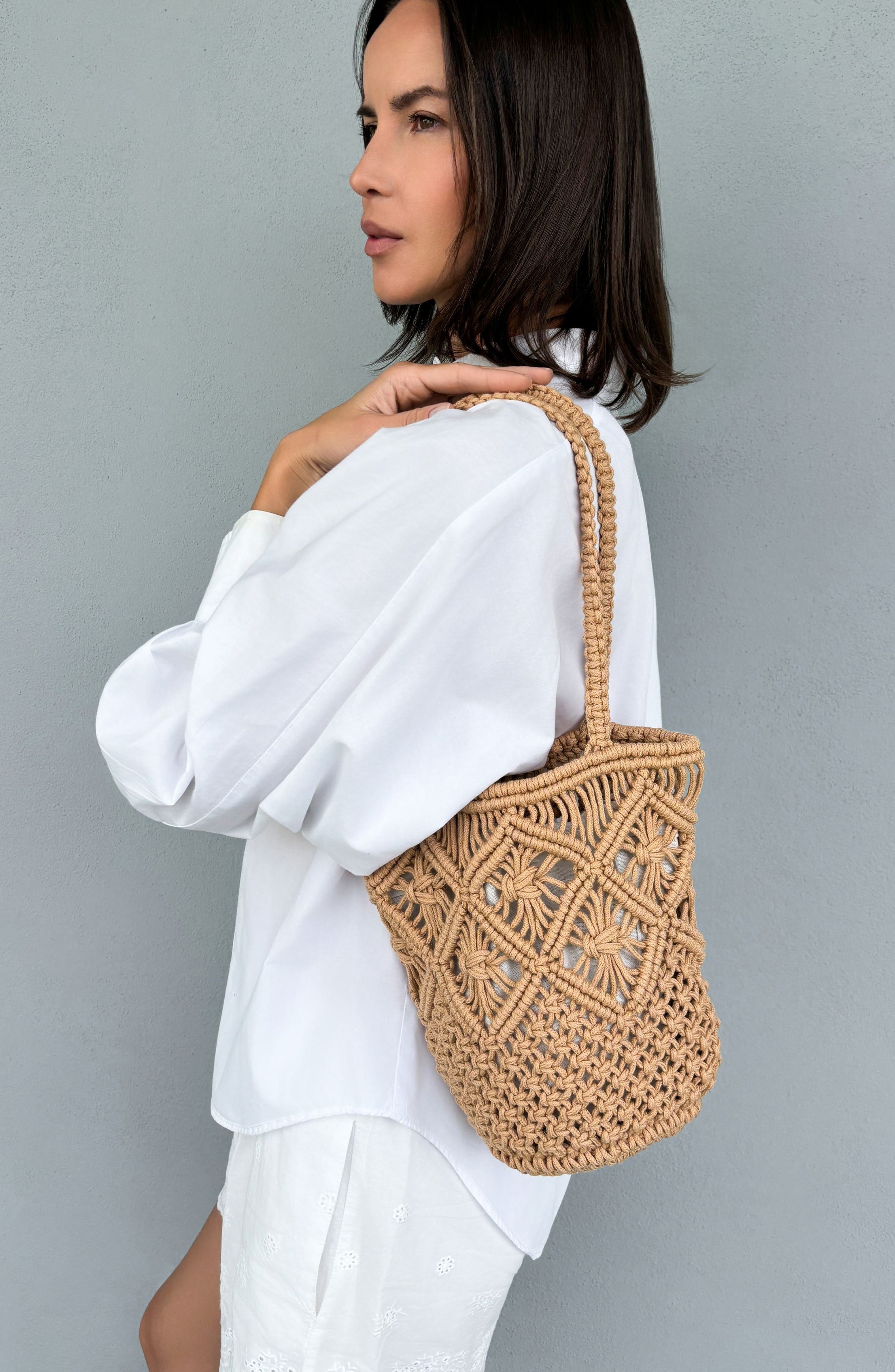 Crocheted Bucket Tote Bag, Alternate, color, BROWN
