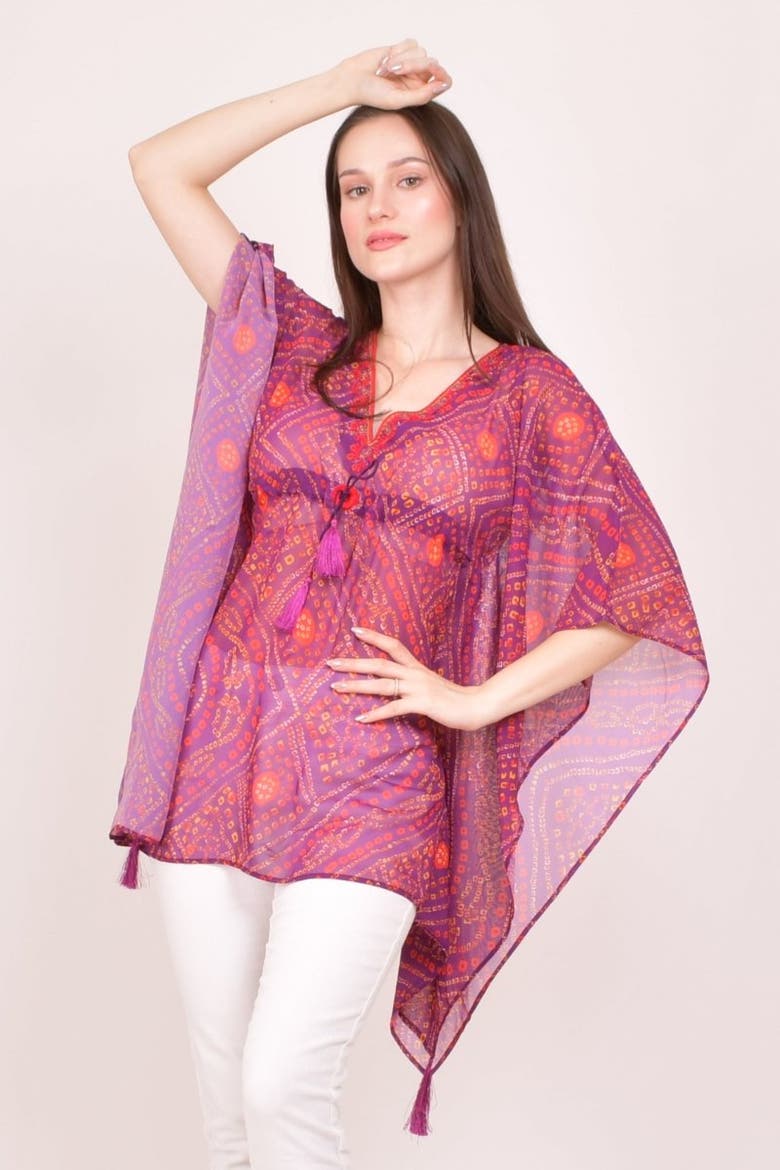 Mirror Embroidered Bandhani Georgette Kaftan Top, Main, color, Purple