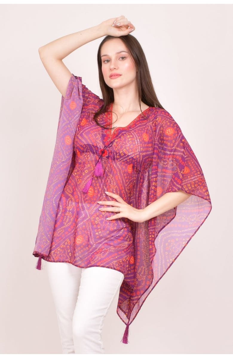 RAAS Mirror Embroidered Bandhani Georgette Kaftan Top, Main, color, Purple