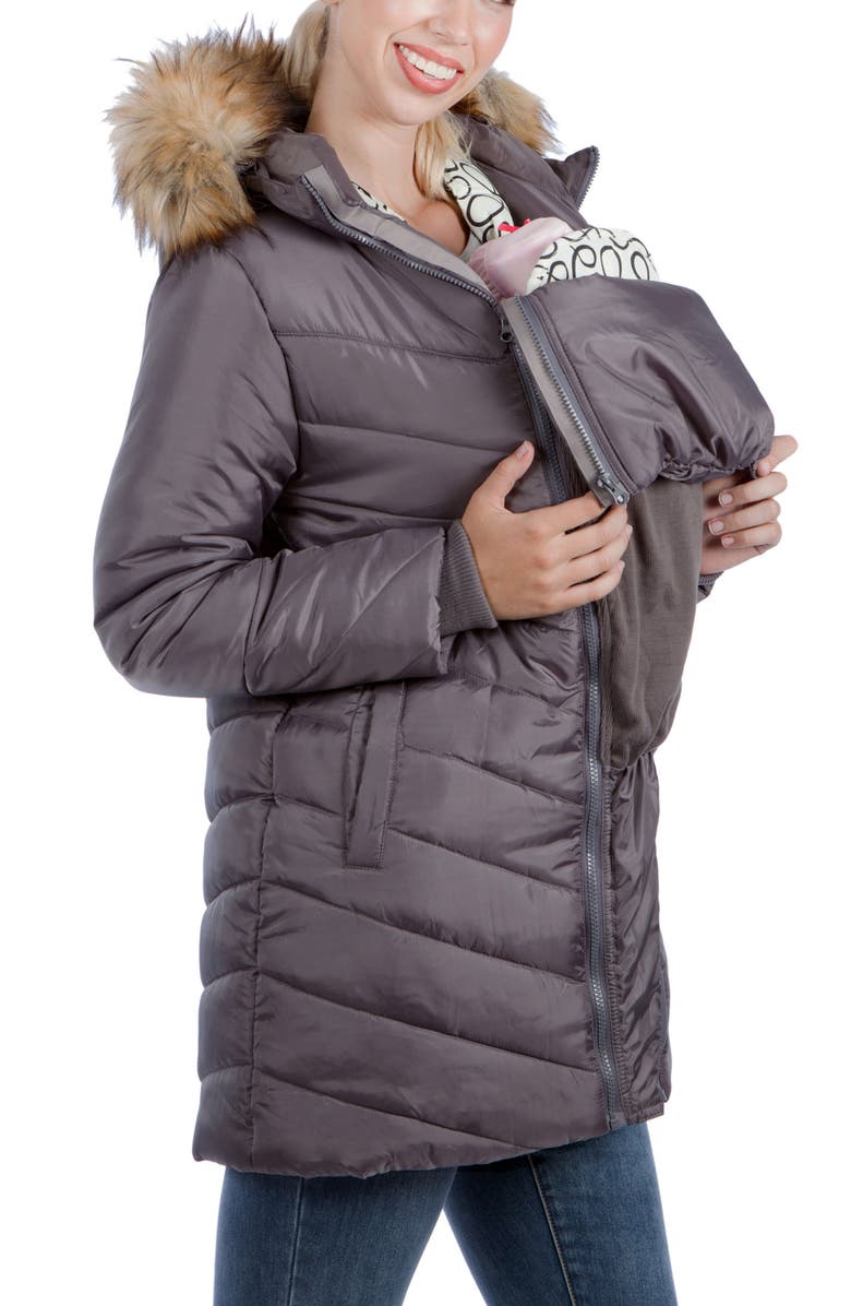 Modern Eternity Faux Fur Trim Convertible Puffer 3-in-1 Maternity Jacket, Alternate, color, Dark Grey