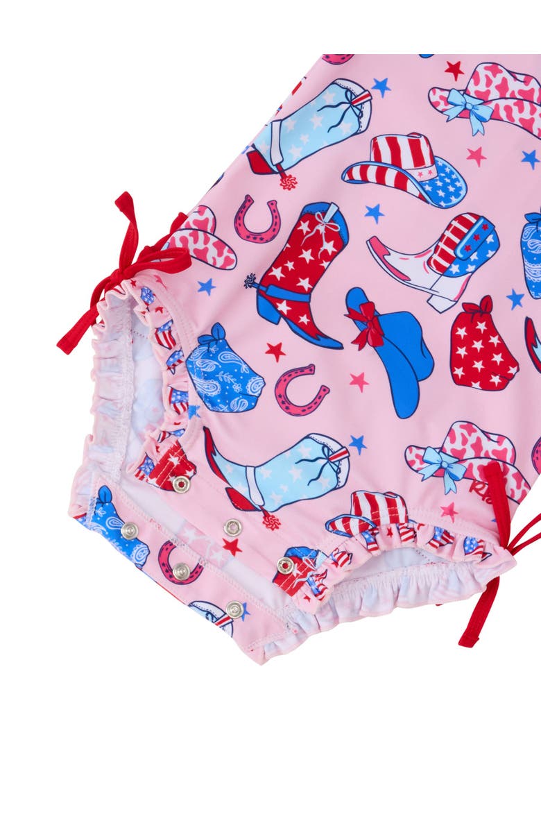 RuffleButts Baby Girls UPF50+ Sun Protected Americana Long Sleeve One Piece Rash Guard, Alternate, color, Pink Stars & Spurs