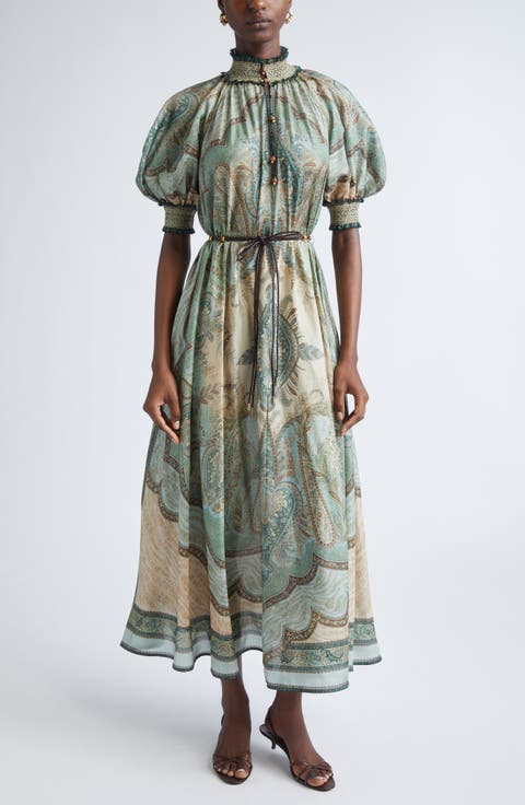 Wanderlust Paisley Billow Sleeve Belted Silk Maxi Dress (Regular & Petite)