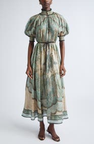 Zimmermann Wanderlust Paisley Billow Sleeve Belted Silk Maxi Dress